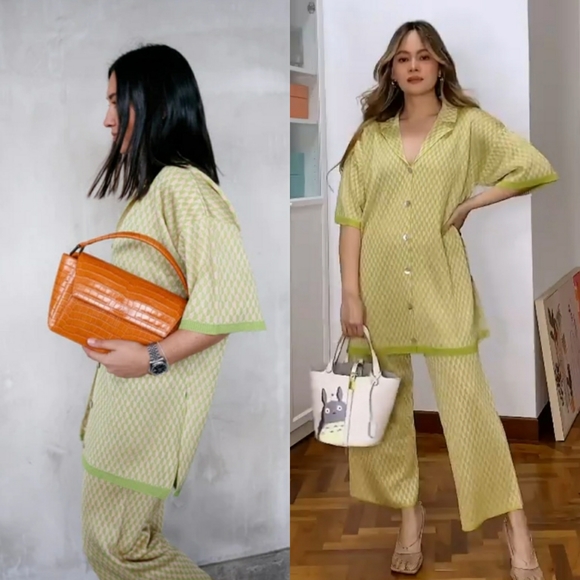 Zara Jacquard Knit Button Down Tunic Green Yellow Top and pants set size M and S - Picture 2 of 14